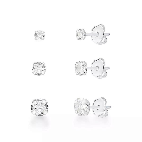 Trio Brincos Zircônias  Prata 925 3/4/5mm