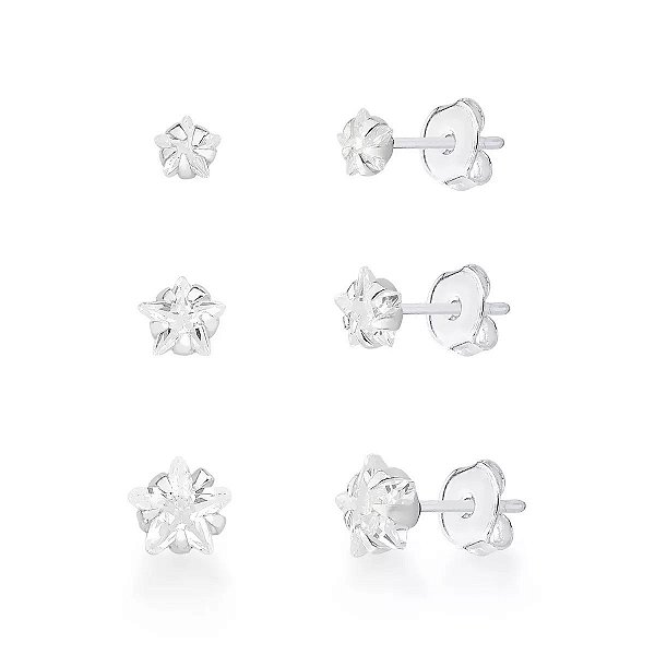 Trio Brincos Zircônias Estrela  Transparente  Prata 925 3/4/5mm