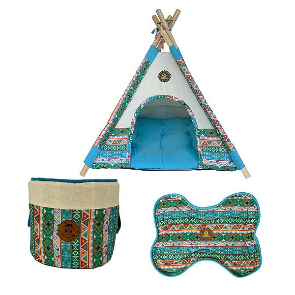 Kit cabana, cesto de brinquedos e tapete para comedouro estampa tribal