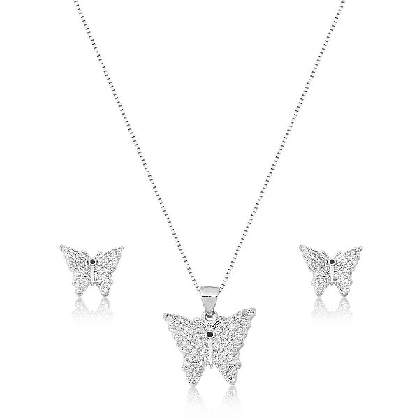 Conjunto de brinco e colar em formato de borboleta com zircônia