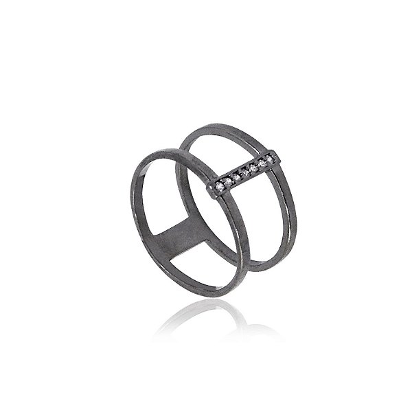 Anel Em Ródio Negro Com Detalhes Em Strass