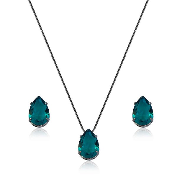 Conjunto de colar e brinco em ródio negro com strass esmeralda