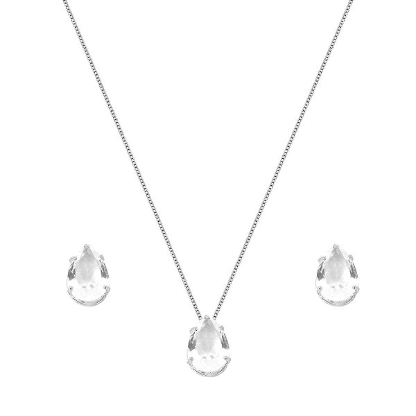 Conjunto de colar e brinco em ródio branco com cristal