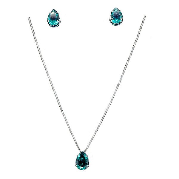 Conjunto de colar e brinco em ródio branco com strass esmeralda