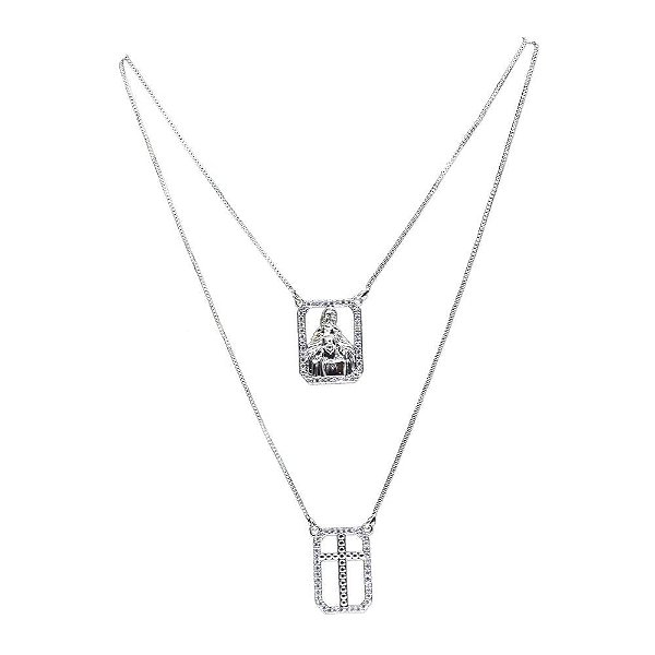 Escapulário em ródio branco com pedras de zircônia