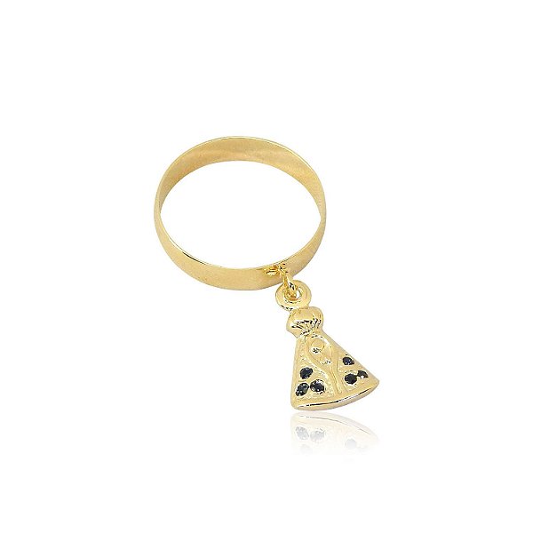 anel com pingente de nossa senhora com pedras de strass azul escuro