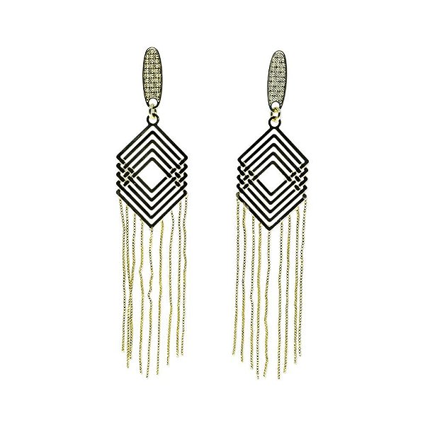 brinco com formato de losango com tiras em ouro