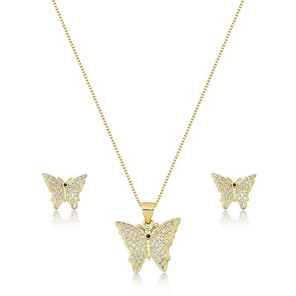 Conjunto de brinco e colar em borboleta com zircônia