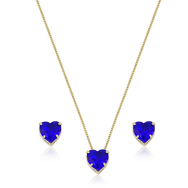 Conjunto de colar e brinco em ouro com strass azul
