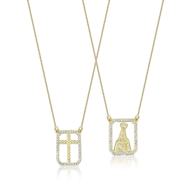 Escapulário em ouro com pedras de zircônia