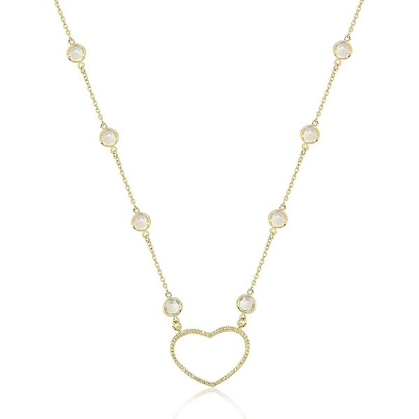 colar em ouro com pedras de cristal com coração de pedras de zircônia