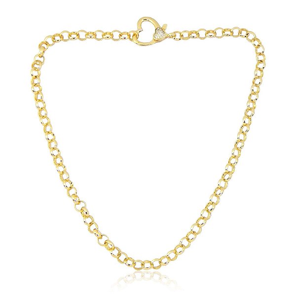 colar chocker em ouro com coração em detalhes em zircônia