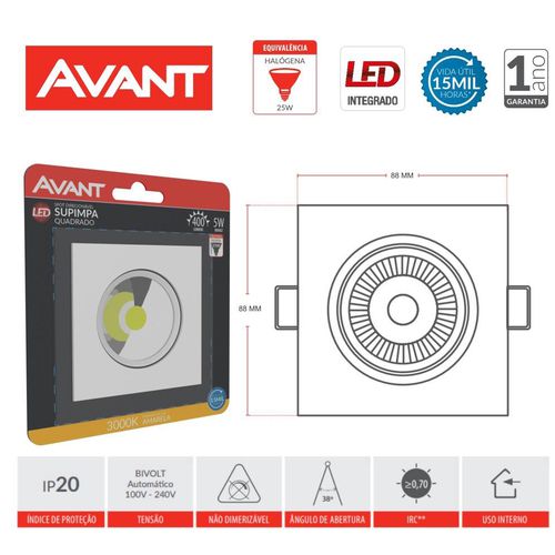 Spot led 5W Supimpa Avant Embutir Quadrado Branco Quente Bivolt Direcionável Bivolt 450 Lumens 6500 K - 1 Ano Garantia