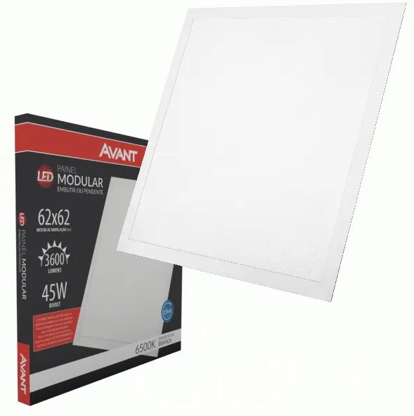Painel Modular Plafon LED 45W Embutir ou Pendente 62x62cm 3600 lumens 6500K Branco Frio Avant - 1 Ano de Garantia