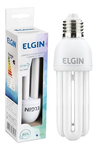 Lâmpada Fluorescente 3U 15W Elgin Compacta 220V 6400K Branca Fria 870lm E27 - 1 Ano de Garantia