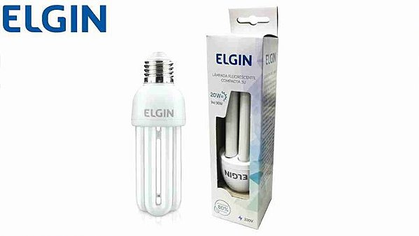 Lâmpada Fluorescente 3U 20W Elgin Compacta 110V 6400K Branca Fria 1220lm E27 - 1 Ano de Garantia