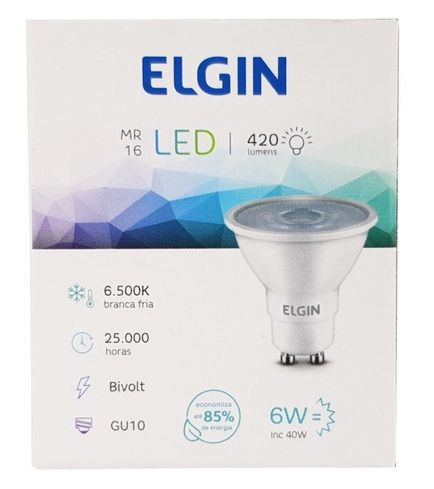 Lâmpada Dicróica Led MR16 Elgin base GU10 6W 420lm Branco Frio 6500K Bivolt - 1 Ano de Garantia