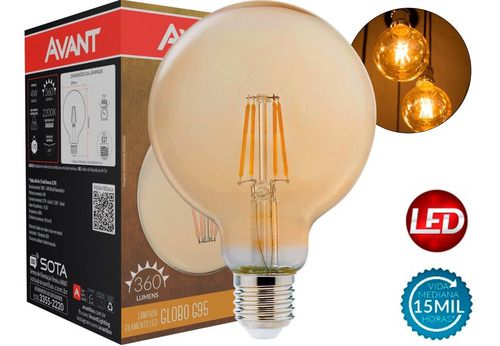 Lâmpada led Retrô Filamento Globo G95 4W 220V Âmbar 320lm E27 2200K Dimerizável - 1 Ano de Garantia