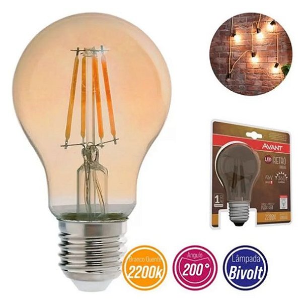 Lâmpada Pera led Retrô A60 Filamento 4w 360lm 2200K Âmbar Bivolt Avant E27 Vintage - 1 Ano de Garantia