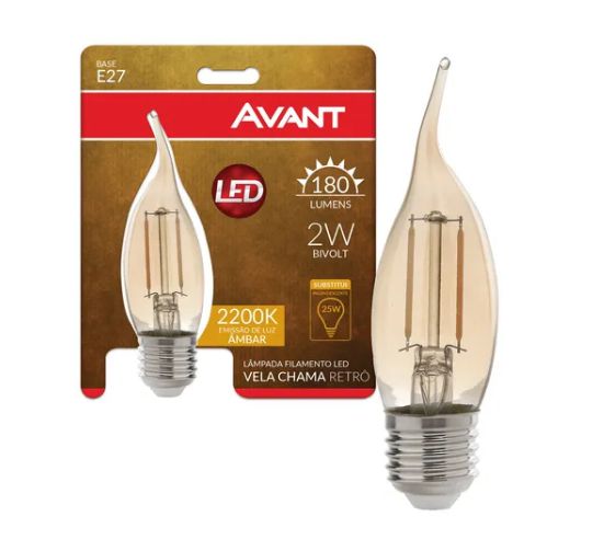 Lâmpada Vela Chama led Retrô Filamento 2w 180lm 2200K Âmbar Bivolt Avant E27 Vintage - 1 Ano de Garantia