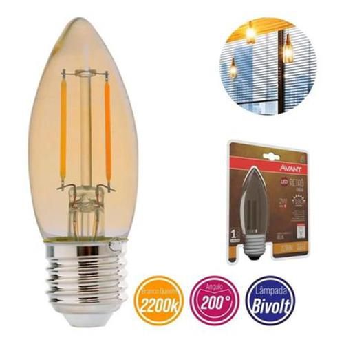 Lâmpada Vela led Retrô Filamento 2w 180lm 2200K Âmbar Bivolt Avant E27 Vintage - 1 Ano de Garantia