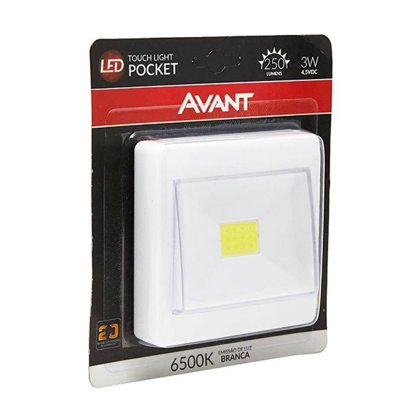 Luminária Portátil Led Touch Light Pocket 3w 250lm 6500K Branco Frio Luz noturna 3X AAA Quadrado Avant 6 Meses Garantia