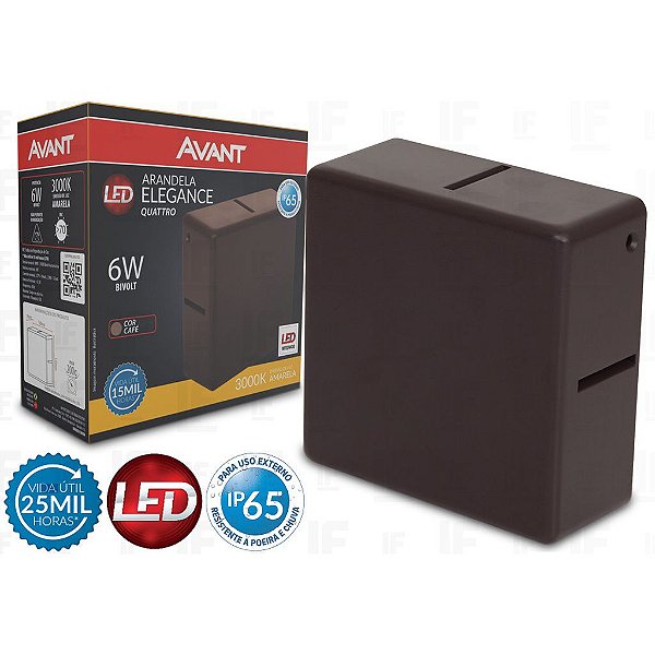 Arandela led integrado Elegance Quattro 3000k Externa Avant 6w Bivolt Café IP65 Resistente poeira e chuva 1 Ano Garantia