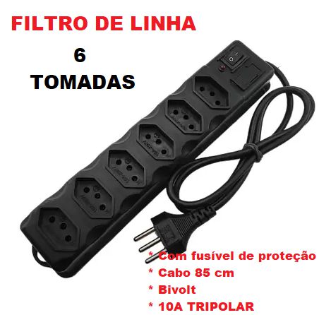 Filtro de Linha Régua Elétrica com 6 tomadas Tripolar 10A  Bivolt Elite Com Fusível Cabo Pp Flexível - 1 Ano de Garantia