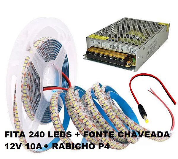 Fita led 240 leds 2835 5M 12V Branco Quente 3000K 24W/Metro + Fonte Chaveada Colméia 10A 12V Bivolt  + Rabicho Macho P4