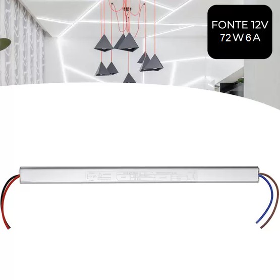 Fonte Slim Chaveada 6A 12V Driver 72W Bivolt Automático IP20 para Fita led/ Perfil/ CFTV