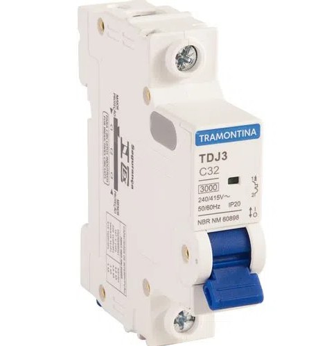 Disjuntor DIN Unipolar 32A Tramontina Monopolar TDJ3 1 polo Curva C 3kA IP20