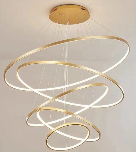 Lustre Pendente Led 5 anéis Dourado Gold Fio/Cabo 3mt 196W Branco Quente 3000K Bivolt 19600lm