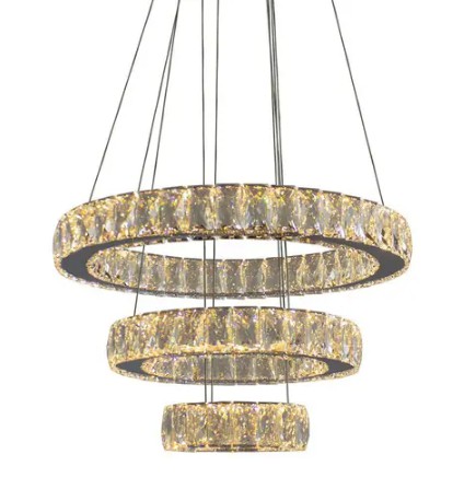 Luminária Pendente Lustre Cristal 3 Anéis Com Controle Bivolt 3 tons cor Branco Frio 6500KK/ Neutro 4000K/ Quente 3000K