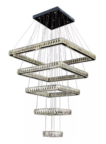 Luminária Pendente Lustre Cristal 5 Quadrados Com Controle Bivolt 3 tons Branco Frio 6500KK/ Neutro 4000K/ Quente 3000K