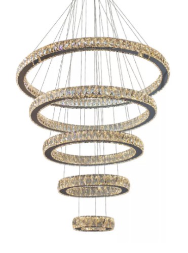 Luminária Pendente Lustre Cristal 5 Anéis Com Controle Bivolt 3 tons Branco Frio 6500KK/ Neutro 4000K/ Quente 3000K