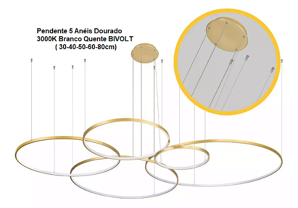 Lustre Pendente 5 Anéis LED Dourado Gold Horizontal 189W Fio/Cabo 3mt 3000K Branco Quente 18900lm