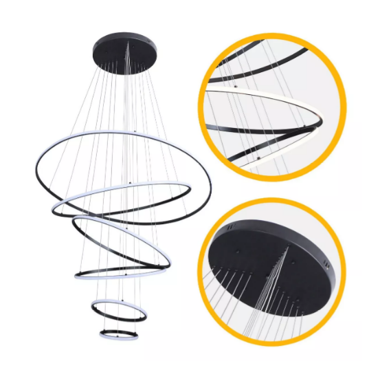 Lustre Pendente Led 6 anéis Preto Black Fio/Cabo 3mt 209W Branco Quente 3000K Bivolt 20900lm