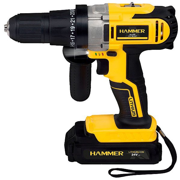 Parafusadeira / Furadeira Impacto 24V 2 Baterias 1/2 Pol. Lítio Bivolt com Maleta HAMMER- PLI240 (6 Meses de Garantia)