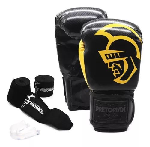 Conjunto Luva de Boxe / Muay Thai Pretorian Black Preta/ Amarelo tam 12oz