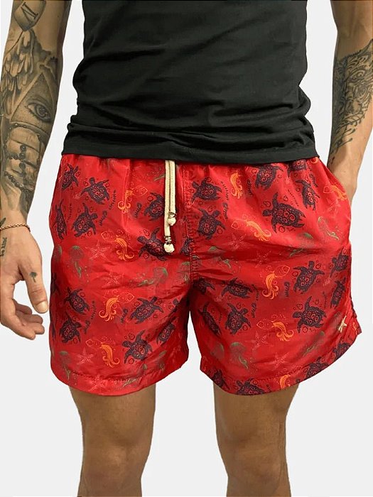 Shorts Praia Masculino Estampado Simpa - Tortuga Vermelho - CALIFA BRAND