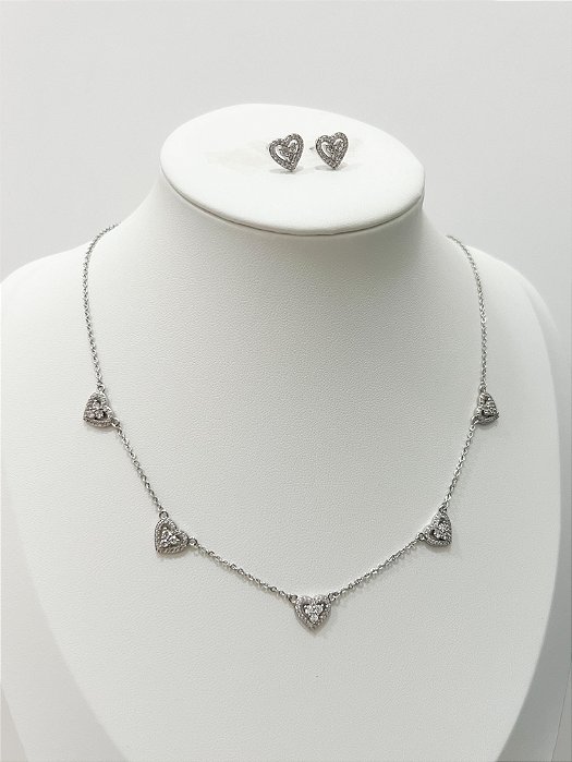 Conjunto Coração Com Zircônias Prata 925 Jóia
