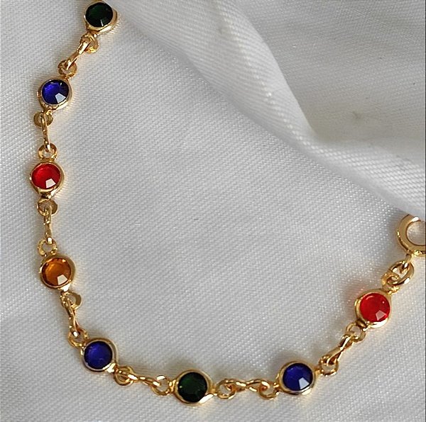 Pulseira Infantil Menina Zircônia Colorida Banho de Ouro 18K