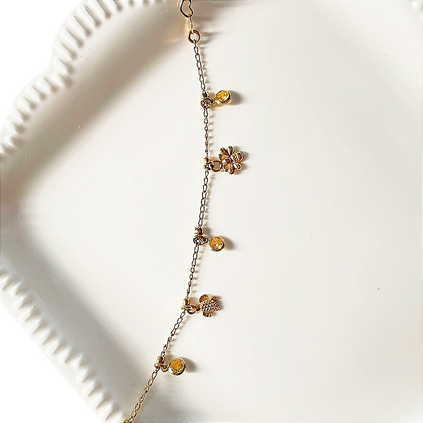 Pulseira Infantil Menina Tartaruga Abelha e Cristal Banho de Ouro 18K