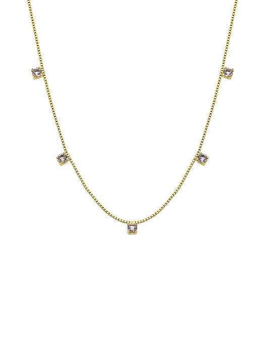 Colar Longo 60cm Veneziana Zircônias Ametista Banho de Ouro18K