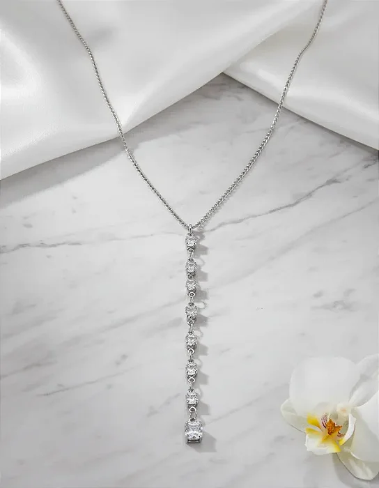 Colar Feminino com Pingente Fileiras de Zircônia 45cm Aço