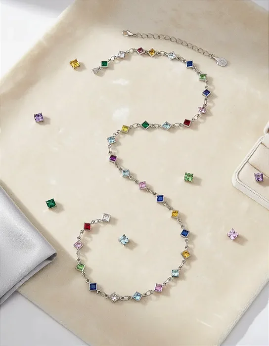 Colar Feminino com Zircônia Colorida 45cm Aço