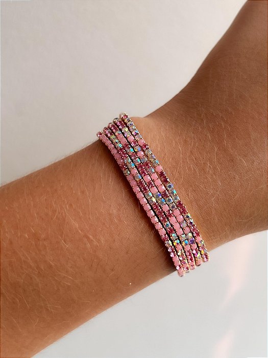 Pulseira Cravejada Rosé Kit Com 5