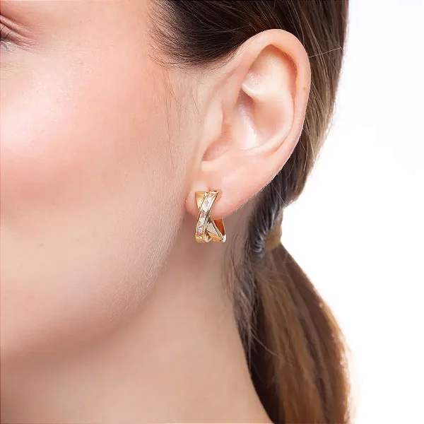 Brinco Argola X Cravejada Navete Banho de Ouro 18K