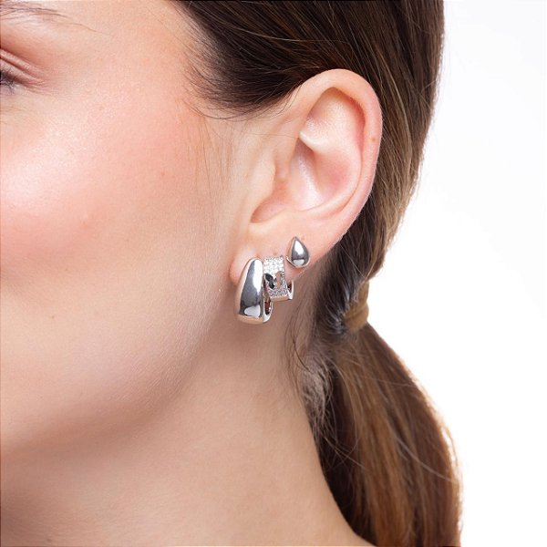 Brinco Trio Argola Lisa Cravejada e Gota Banho de Ródio