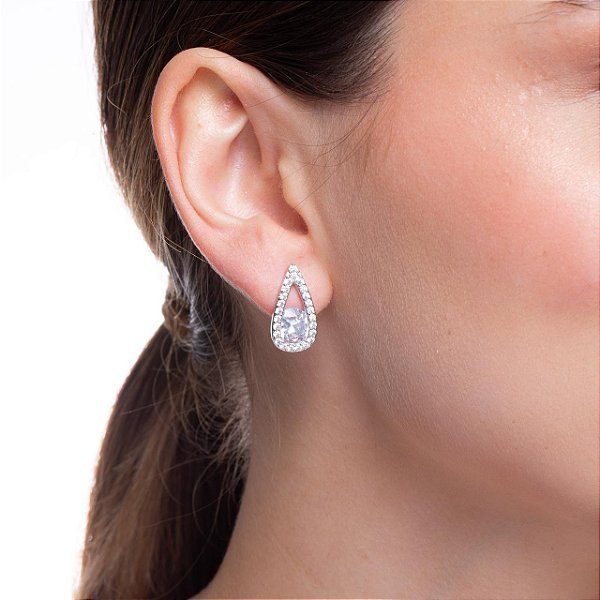 Brinco Gota Cravejada Ponto de Luz Banho de Rodio